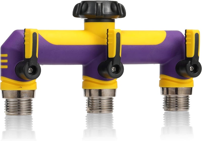 ATAOSGR 3 way Hose Splitter, Garden Hose Water bib Spigot Splitter, T Hose Connector- With Shutoff Valves Water Adapter,Outdoor Faucet Splitter 3/4" GHT Thread, For Outdoor garden irrigation（purple yellow） - Image 1